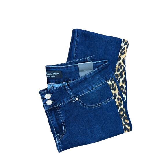 White Mark Womens Plus 2X 20 W Blue Super Stretch Denim with Cheetah Pannel NWT - Picture 1 of 12